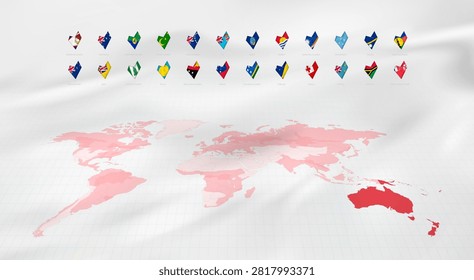 Heart-Shaped Oceanian Flags on a Highlighted World Map. World map with Oceania highlighted in red. Vector illustration.