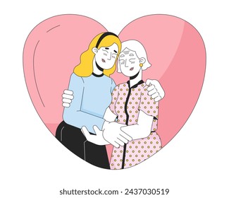 Heart-shaped older mother daughter hug 2D linear cartoon characters. Heartshaped senior mom embrace isolated line vector people white background. Loved relationships color flat spot illustration