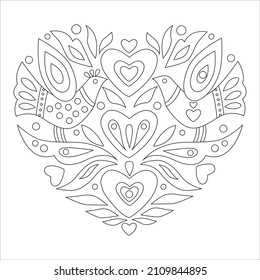  Heart-shaped ornament with birds, leaves and hearts for coloring. Anti-stress. For Valentine's Day, Mother's Day, Women, Wedding, Love.