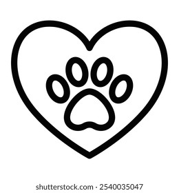 Heart-shaped outline with a paw print inside, representing pet care and love for animals. Vector illustration. Editable stroke.