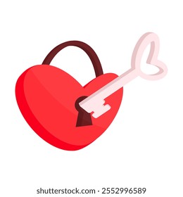 Candado en forma de corazón con llave. Amor y Ilustración vectorial de San Valentín. Aislado en el fondo blanco