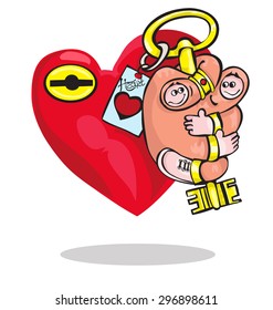 Heart-shaped padlock with key on open book