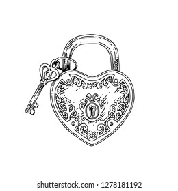Heart-shaped padlock and key. Sketch. Engraving illustration.