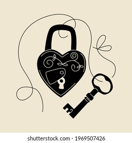 Heart-shaped padlock and key tied together. Love, family, home, romantic concept. Key from heart. Black silhouettes isolated on gray background. Cartoon flat outline style.