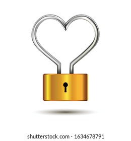 Heart-shaped padlock, solid brass. 3D Realistic Vector illustration Valentine's Day love concept 