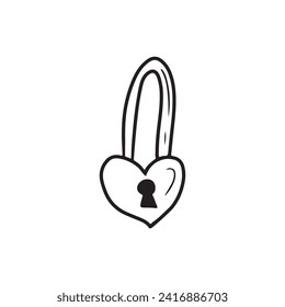 Heart-shaped padlock as a symbol of love in black isolated on white background. Hand drawn vector sketch illustration in doodle vintage engraved outline, line art style. Love, relations, romance
