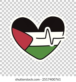 Heart-Shaped Palestine Flag with heartbeat line symbolizes love, resistance, solidarity. Palestinian hand-drawn illustration design for stickers, keychains, or graphic element in isolated background.