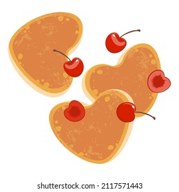 Heart-shaped pancake with cherry. Vector clipart.