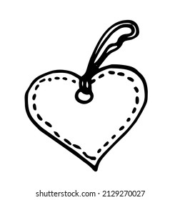 a heart-shaped paper tag with a ribbon with a decorative stripe stroke with a place for text.  vector element hand-drawn in the style of doodles gift tag. Vector drawing