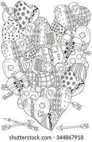 Heart-shaped pattern for coloring book with  artistically hand drawn hearts  in vector. Valentines day. Doodle, zentangle, henna, tribal design elements. Black and white. Made by trace from sketch.