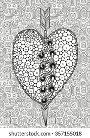 Heart-shaped pattern for coloring book. Artistically hand drawn heart  in vector. Valentines day. Doodle, zentangle, henna, tribal design elements. Black and white. Made by trace from sketch.