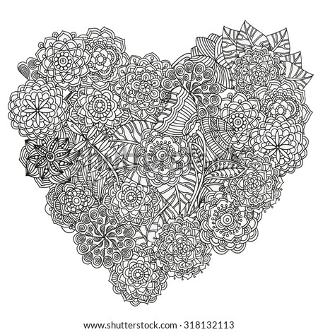Heart Shaped Pattern For Coloring Book Floral Retro Doodle Vector
