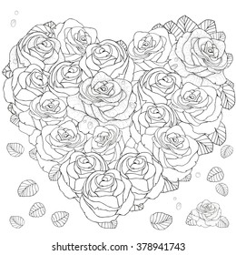Heart-shaped  pattern for coloring book with roses. Floral, retro, doodle, vector, design element. Black and white background. zentangle
