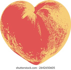 Heart-shaped peach illustration in soft textured retro style, vector fruit icon. Symbol of summer love, healthy lifestyle, and sweet organic freshness.
