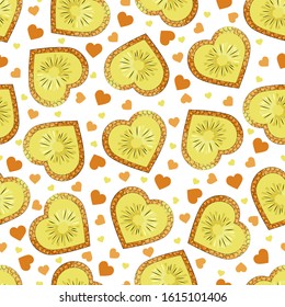 Heart-shaped pineapple slice vector seamless pattern. Stylized juicy fruit seamless texture. Valentine Day. Textile, wrapping paper, wallpaper design. Stock illustration. Isolated white background.