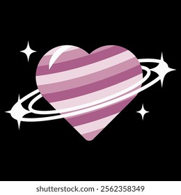 Heart-shaped pink Saturn vector with four-pointed stars vector isolated on white background