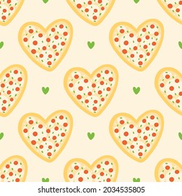 Heart-shaped pizza with mozzarella cheese, sausages or pepperoni vector cartoon style seamless pattern background.