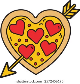 A heart-shaped pizza topped with red heart-shaped cheese slices vector illustration