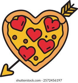 A heart-shaped pizza topped with red heart-shaped cheese slices vector illustration