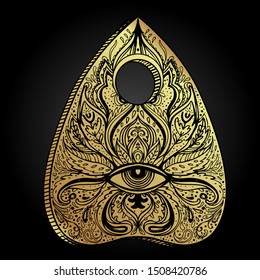 Heart-shaped planchette for spirit talking board. Vector isolated illustration in Victorian style. Mediumship divination equipment. flash tattoo drawing. Alchemy, religion, spirituality, occultism.