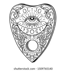 Heart-shaped planchette for spirit talking board. Vector isolated illustration in Victorian style. Mediumship divination equipment. flash tattoo drawing. Alchemy, religion, spirituality, occultism.