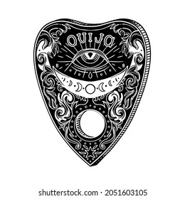 Heart-shaped planchette for spirit talking board. Vector isolated illustration in Victorian style. Mediumship divination equipment. flash tattoo drawing. Alchemy, religion, spirituality, occultism.