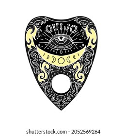 Heart-shaped planchette for spirit talking board. Vector isolated illustration in Victorian style. Mediumship divination equipment. flash tattoo drawing. Alchemy, religion, spirituality, occultism.