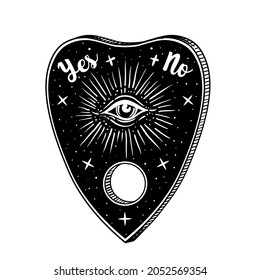 Heart-shaped planchette for spirit talking board. Vector isolated illustration in Victorian style. Mediumship divination equipment. flash tattoo drawing. Alchemy, religion, spirituality, occultism.