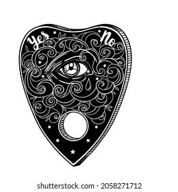 Heart-shaped planchette for spirit talking board. Vector isolated illustration in Victorian style. Mediumship divination equipment. flash tattoo drawing. Alchemy, religion, spirituality, occultism.