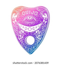 Heart-shaped planchette for spirit talking board. Vector isolated illustration in Victorian style. Mediumship divination equipment. flash tattoo drawing. Alchemy, religion, spirituality, occultism.