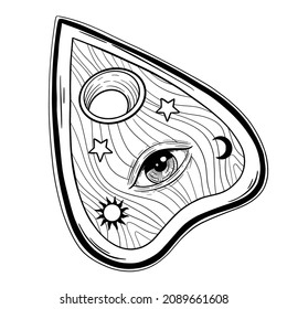 Heart-shaped planchette for spirit talking board. Vector isolated illustration in Victorian style. Mediumship divination equipment. flash tattoo drawing. Alchemy, religion, spirituality, occultism.