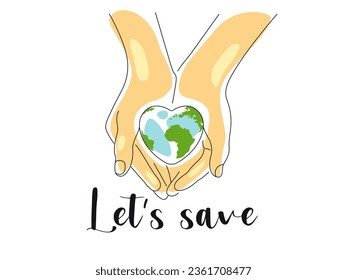 Heart-shaped planet in human hands. Ecology illustration. Outline style. Earth in vector.