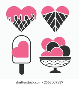 "Heart-shaped popsicle icon in pink and black, combining love and sweetness. Perfect for dessert logos, Valentine’s Day campaigns, and playful branding."