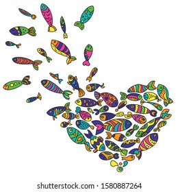 Heart-shaped print of bright multi-colored flat fishes