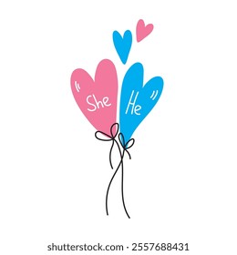 Heart-shaped pronoun balloons celebrating gender identity with blue and pink hearts.