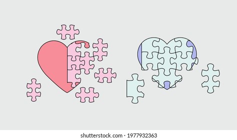 Heart-shaped puzzle. Conceptual vector illustration of the problems of love and partnership.