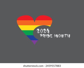 A heart-shaped rainbow with the words 'Pride Month 2024.' Celebrate love, equality, and diversity. Perfect for spreading positivity and inclusivity. Show your support for the LGBTQ+ community.