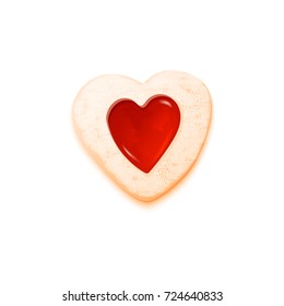Galleta de aspecto realista en forma de corazón con mermelada de bayas de color rojo y crema blanca, representada en ilustración vectorial aislada en blanco