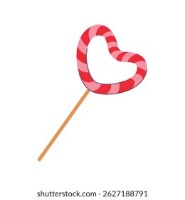 Heart-shaped red and pink lollipop on a stick. Sweet candy illustration for Valentine’s Day, love concept, festive decor or kids’ design. Isolated on white.