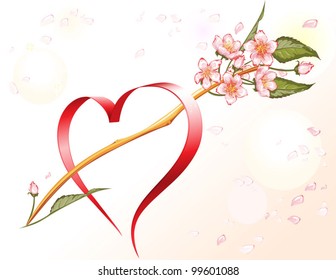 heart-shaped red ribbon with sakura blossoms as an arrow