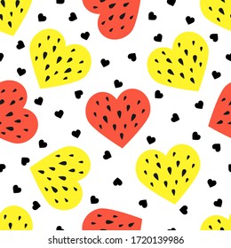 Heart-shaped red and yellow watermelon slice vector seamless pattern. Stylized juicy fruit seamless texture. Textile, wrapping paper, wallpaper design, packaging. Isolated object white background.