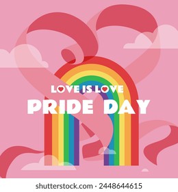 A heart-shaped ribbon weaving through a rainbow archway, concept illustration for Pride Day