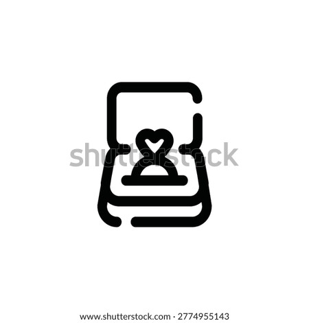 Heart-shaped ring in jewelry box, black outline icon representing engagement, proposal, wedding, love gift, romance, commitment, or anniversary present.