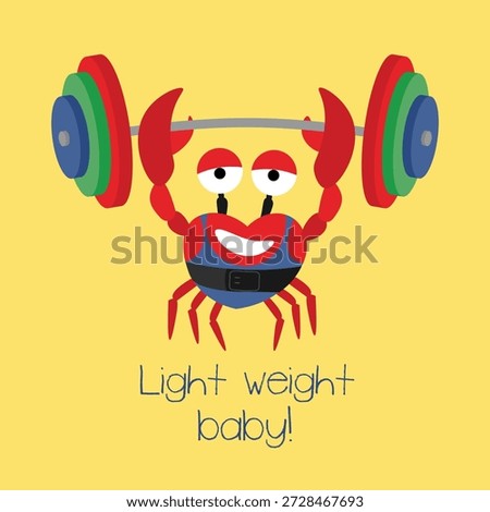 Heart-shaped romantic athletic crab bodybuilder doing barbell static overhead hold. Crab powerlifter lifts barbell to overhead vector illustration. Light weight baby! Poster, logo, print for clothes.