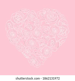 Heart-shaped rose flowers. White outline on a pink background. Vector illustration in the style of the sketch. Romance. Valentine's day.