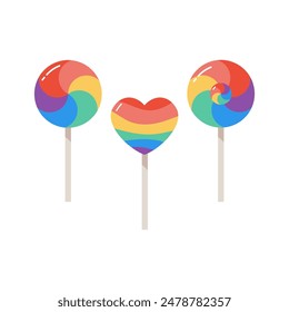 Heart-shaped  and round lollipops with rainbow-colored swirls in flat style. Design element for LGBTQ culture decoration, t-shirt, flag, postcard, poster, social media post. Pride month. 