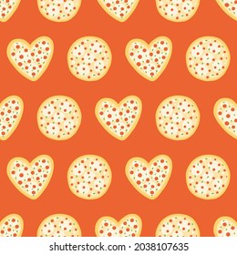 Heart-shaped and round pizza with mozzarella cheese, sausages or pepperoni vector cartoon style seamless pattern background.
