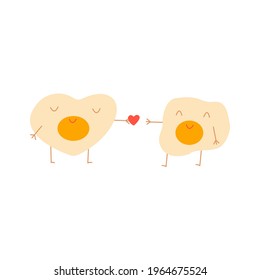 Heart-shaped scrambled eggs confess their love to another scrambled eggs. Boy and girl. Feelings. Valentines day. Colorful vector isolated hand drawn illustration