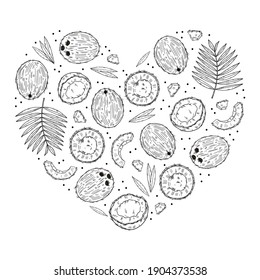 A heart-shaped set of illustrations of coconut in different types and leaves. Black outline image are isolated on a white background. Doodle sketch style.