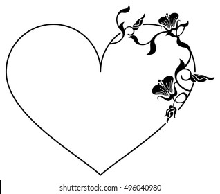Heart-shaped silhouette frame with decorative flowers. Vector clip art.